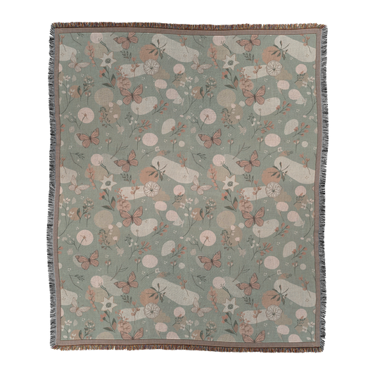 Sage & Blush Butterfly Woven Blanket | Whimsical Cottagecore Printed Throw | Cozy Tapestry for Sofa, Bed & Nursery Décor Default Title