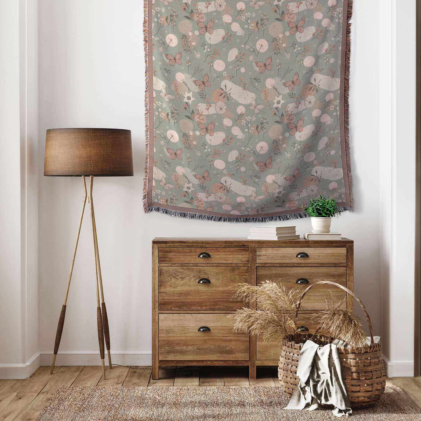 Sage & Blush Butterfly Woven Blanket | Whimsical Cottagecore Printed Throw | Cozy Tapestry for Sofa, Bed & Nursery Décor