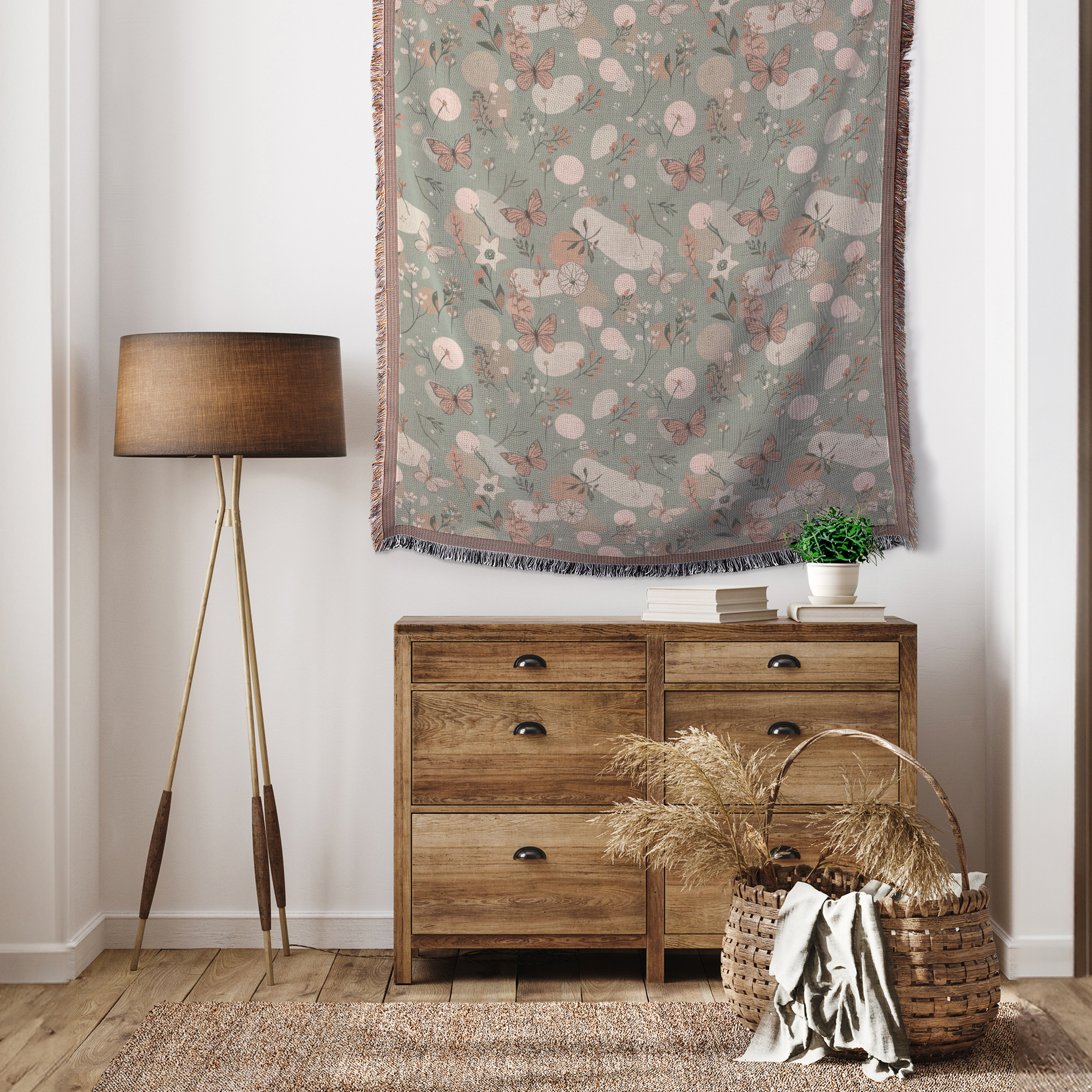 Sage & Blush Butterfly Woven Blanket | Whimsical Cottagecore Printed Throw | Cozy Tapestry for Sofa, Bed & Nursery Décor