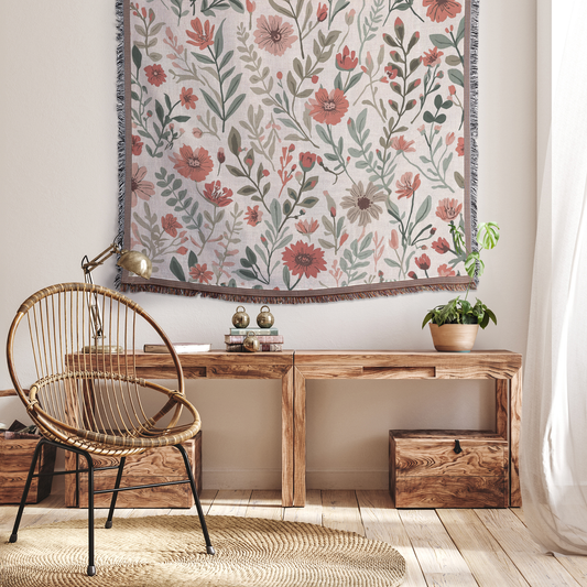 Rustic Wildflower Woven Throw Blanket, Cottagecore Floral Design