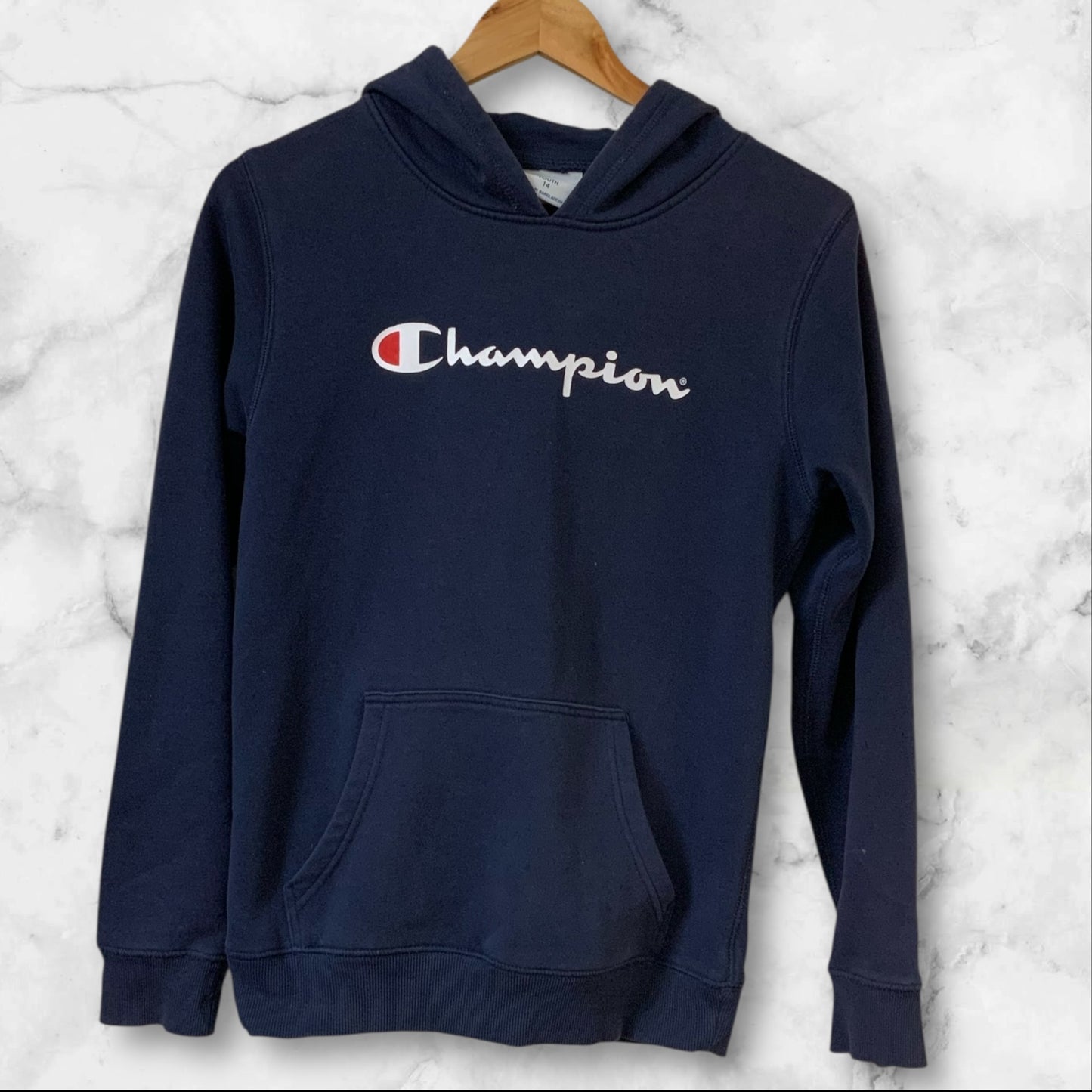 Champion | Youth Unisex Hoodie | Navy Blue | Fleece | Logo | Size 14 | Pre-Owned