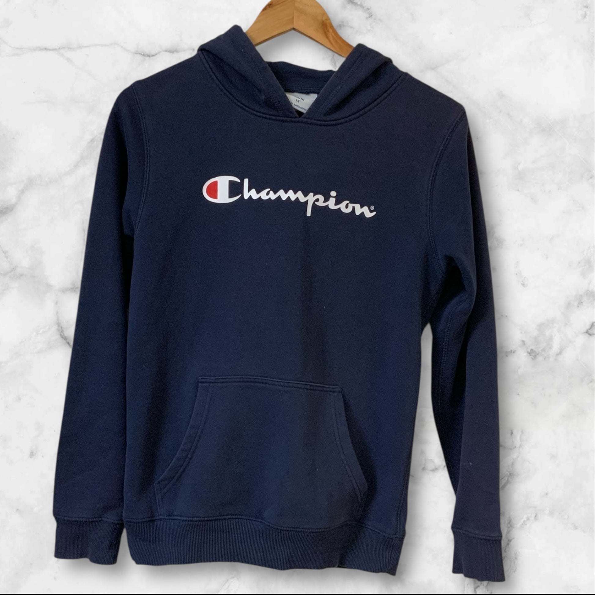 Champion | Youth Unisex Hoodie | Navy Blue | Fleece | Logo | Size 14 | Pre-Owned