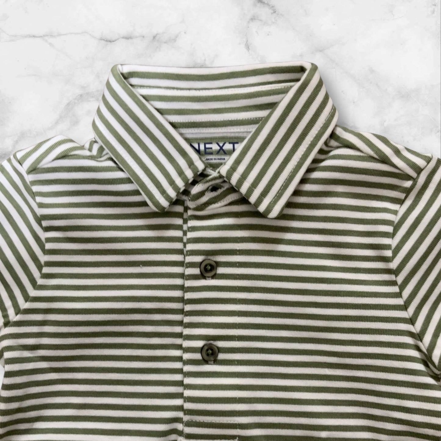 Next Baby Polo Shirt | White with Green Stripe | 9-12 Months | Cotton | New