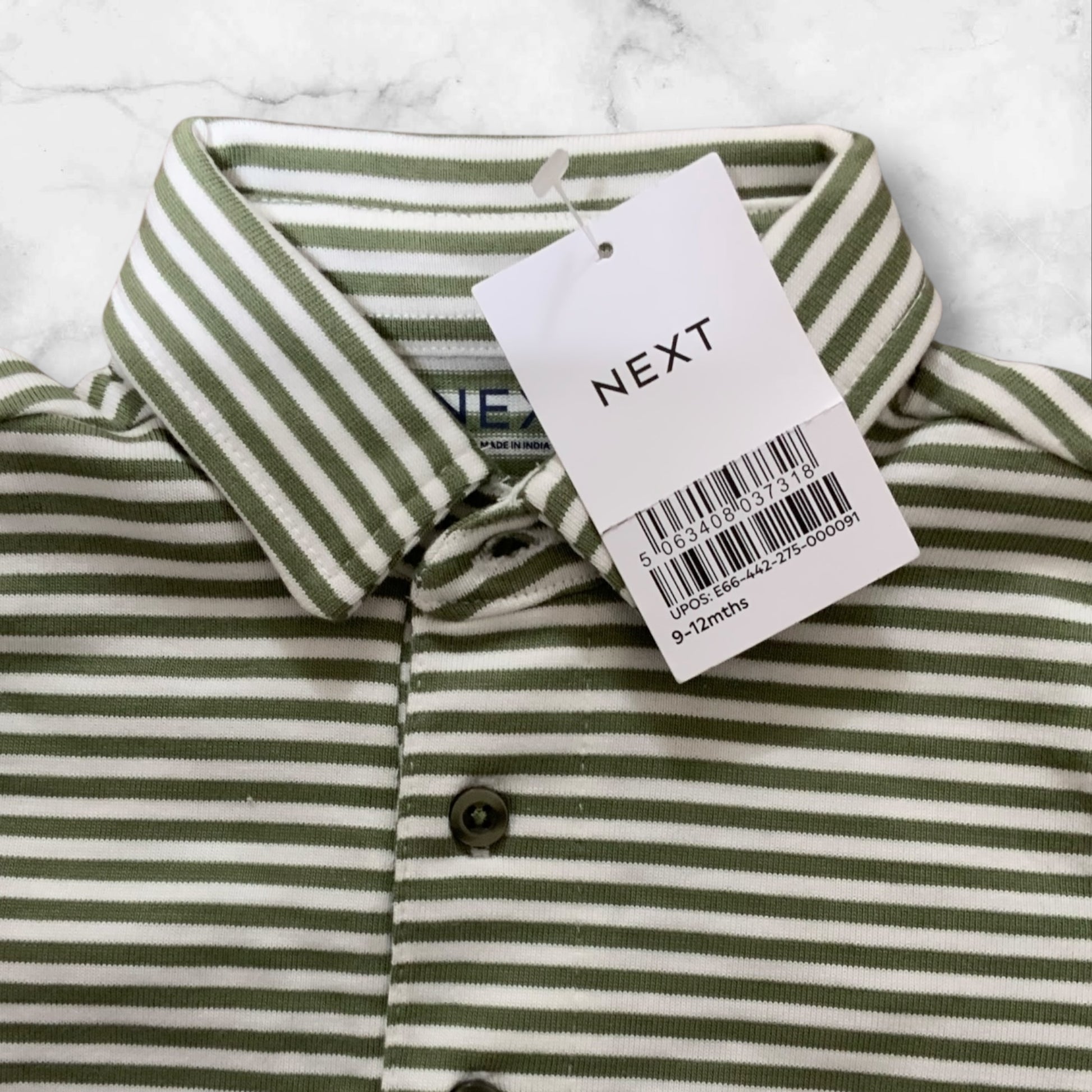 Next Baby Polo Shirt | White with Green Stripe | 9-12 Months | Cotton | New