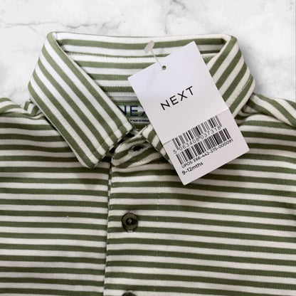 Next Baby Polo Shirt | White with Green Stripe | 9-12 Months | Cotton | New