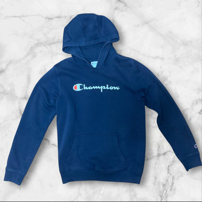 Champion | Youth Unisex Hoodie | Navy Blue | Fleece | Logo | Size 14 | Pre-Owned