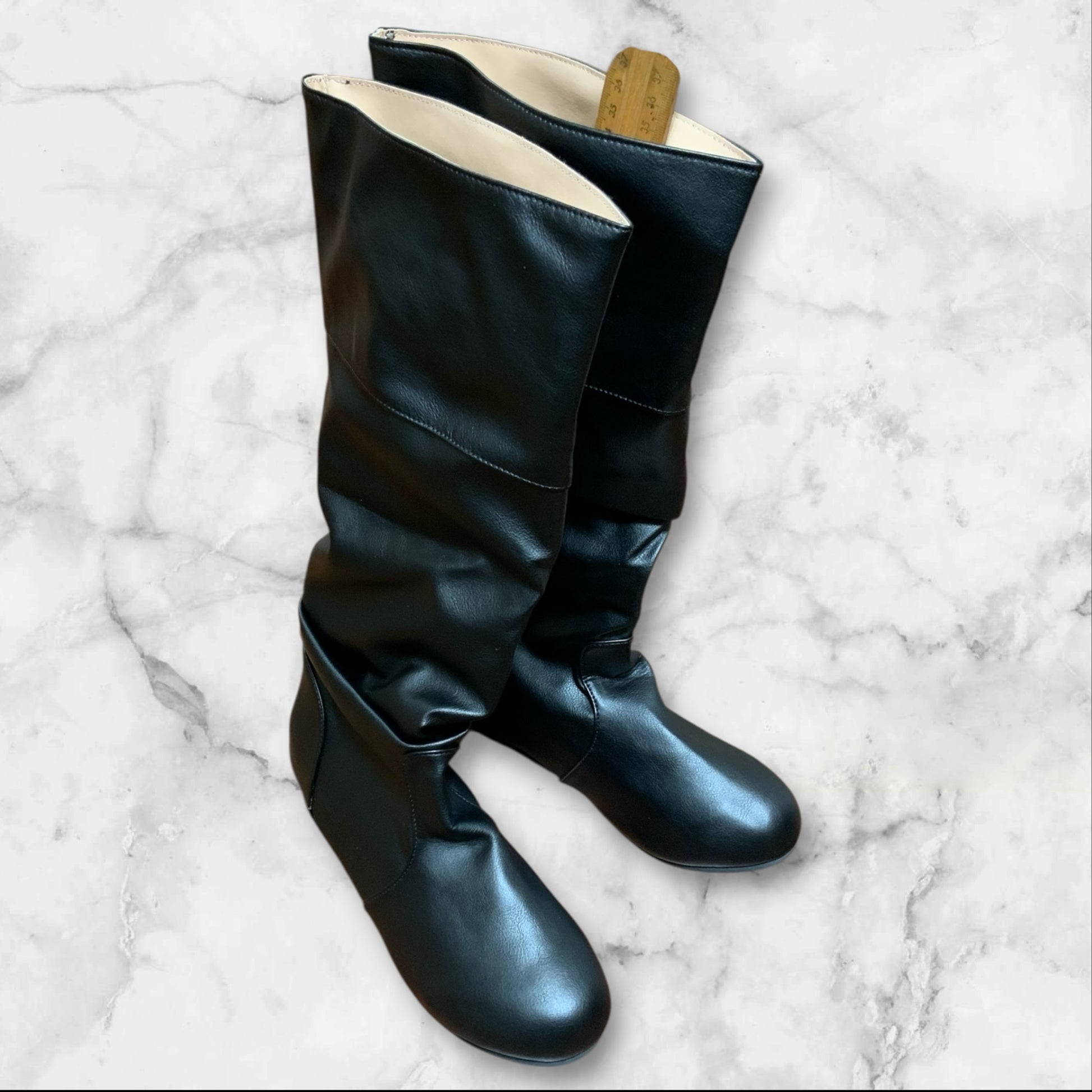 Women's Black PU Leather Knee Boots | Flat Sole | Size 8.5 | New Without Tags