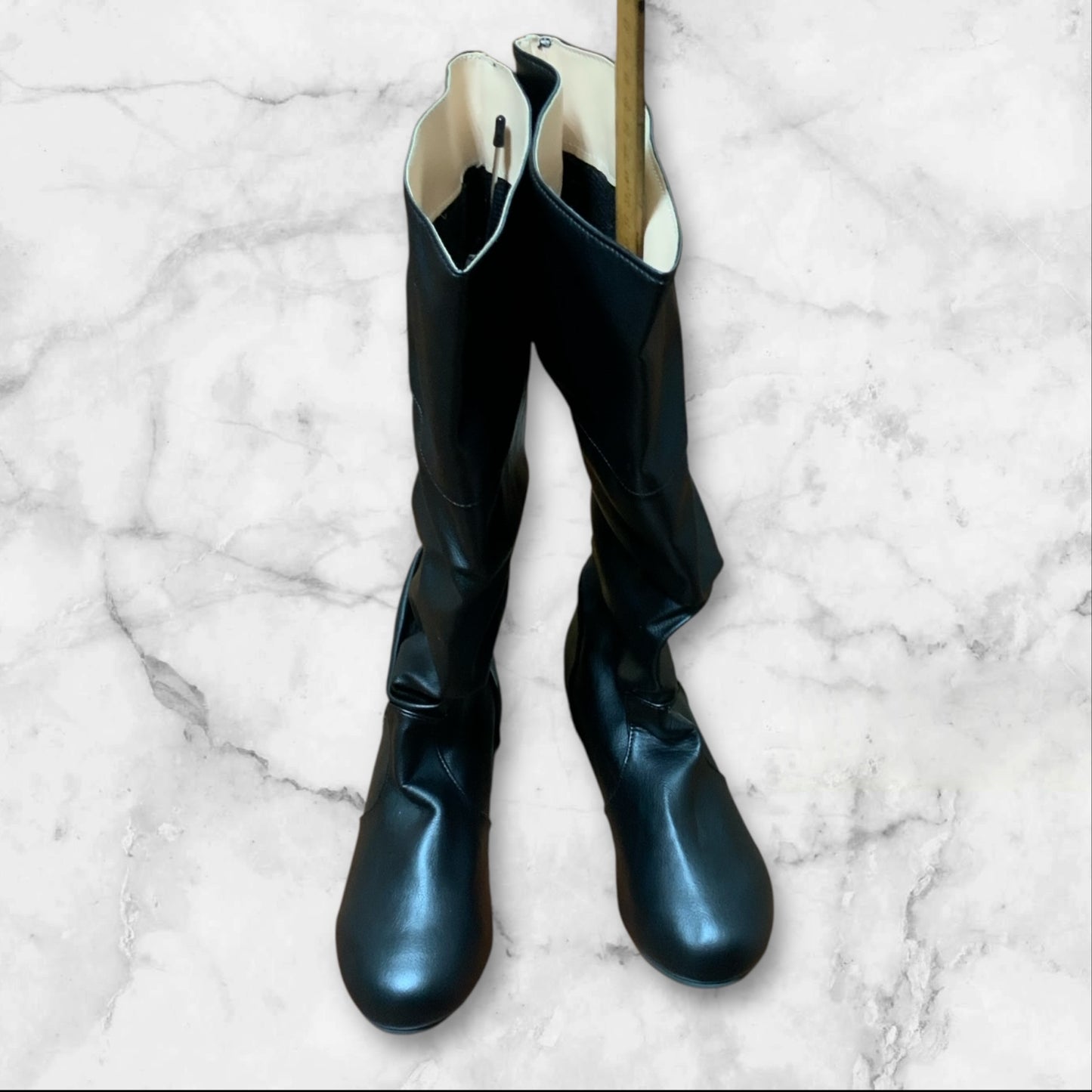 Women's Black PU Leather Knee Boots | Flat Sole | Size 8.5 | New Without Tags