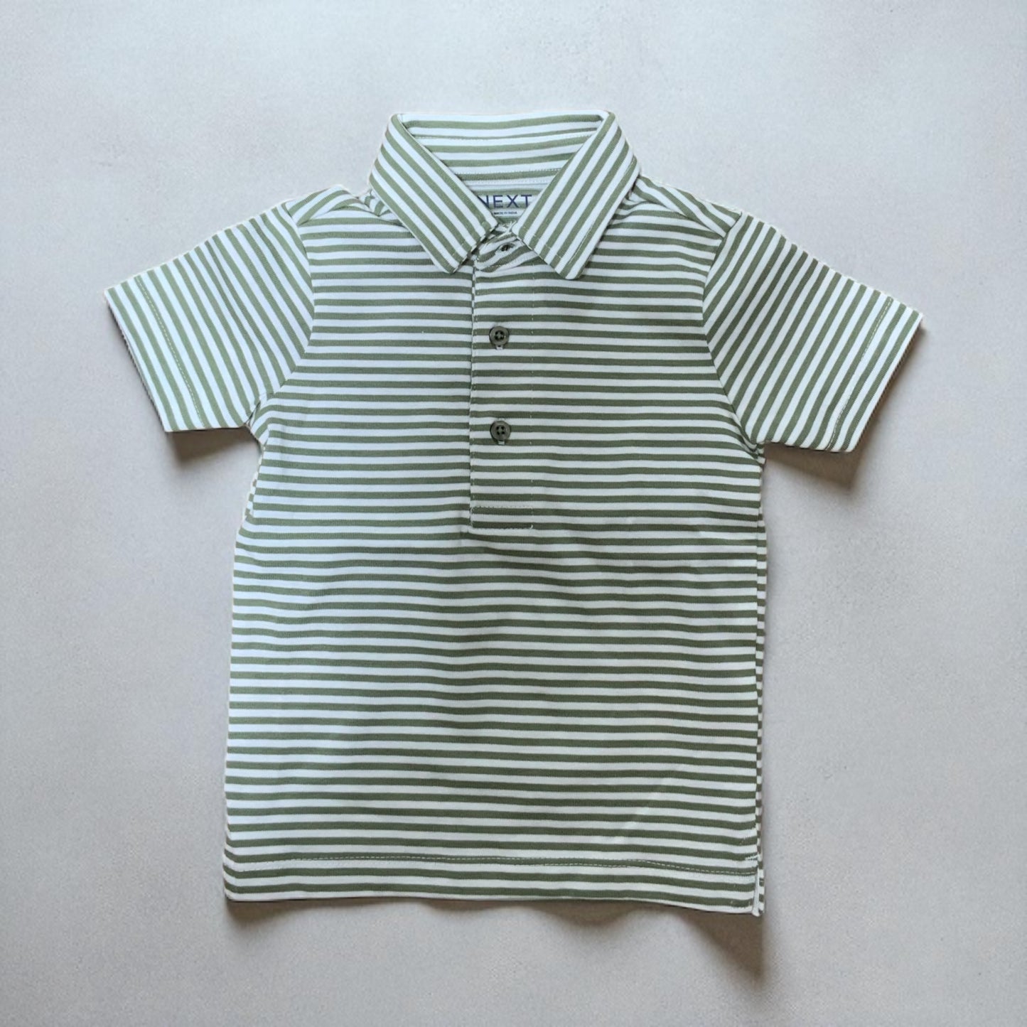 Next Baby Polo Shirt | White with Green Stripe | 9-12 Months | Cotton | New