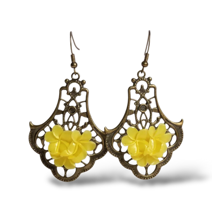 Handmade Floral 3D Antique Bronze Drop Earrings – Statement Dangle Jewellery