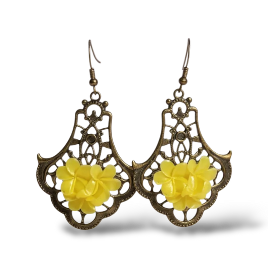 Handmade Floral 3D Antique Bronze Drop Earrings – Statement Dangle Jewellery
