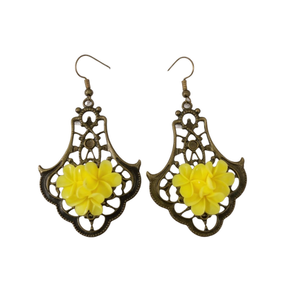 Handmade Floral 3D Antique Bronze Drop Earrings – Statement Dangle Jewellery