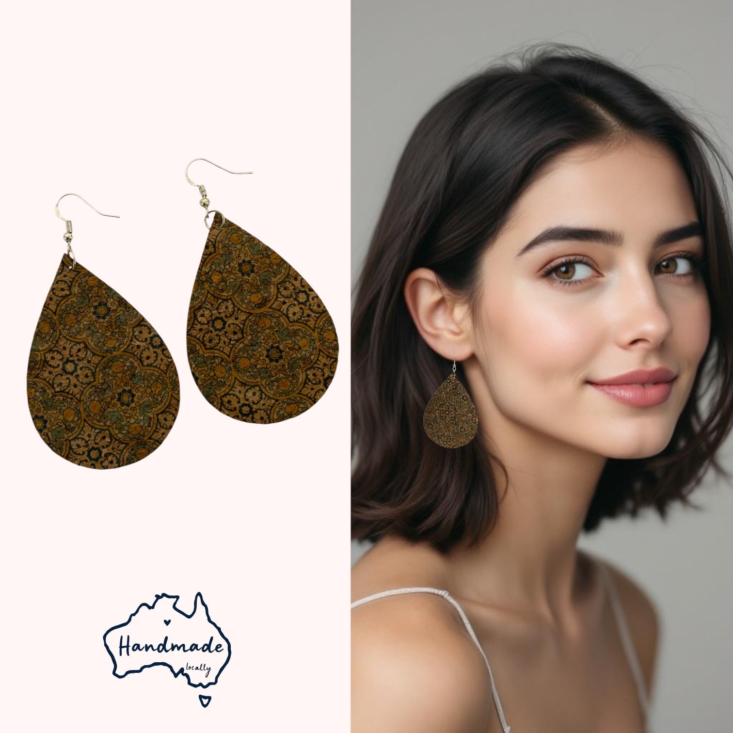Boho Cork Teardrop Earrings – Vintage Tile Print with 925 Silver Hooks
