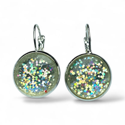Glitter Resin Drop Earrings Silver Plated | Handmade Statement Jewellery White