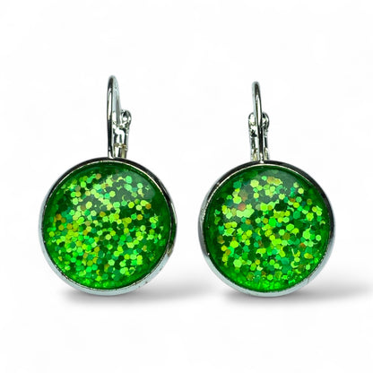 Glitter Resin Drop Earrings Silver Plated | Handmade Statement Jewellery Green