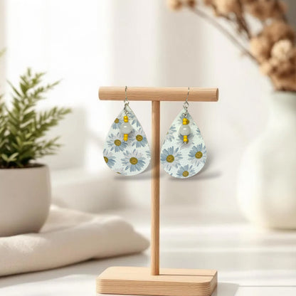 Handmade Sunflower Teardrop Earrings – Lightweight Faux Leather Dangles with Silver Hooks