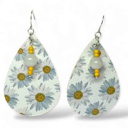 Handmade Sunflower Teardrop Earrings – Lightweight Faux Leather Dangles with Silver Hooks Blue