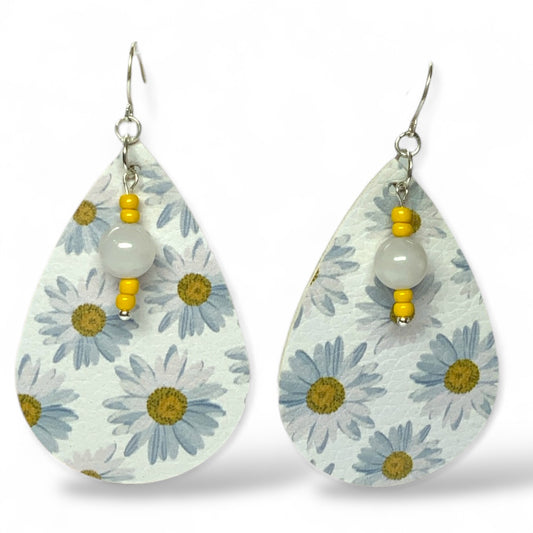 Handmade Sunflower Teardrop Earrings – Lightweight Faux Leather Dangles with Silver Hooks Blue