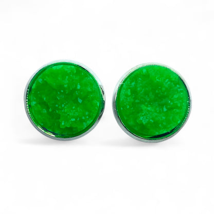 Sparkly Druzy Silver Stud Earrings Lightweight Resin, Multiple Colours Bright Green