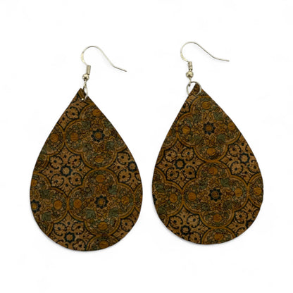 Boho Cork Teardrop Earrings – Vintage Tile Print with 925 Silver Hooks