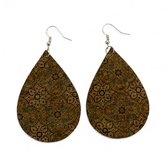 Boho Cork Teardrop Earrings – Vintage Tile Print with 925 Silver Hooks