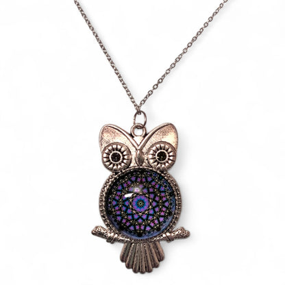 Owl Necklace – Antique Silver Rhodium Plated Pendant with Glass Dome & Rhinestone Eyes Purple