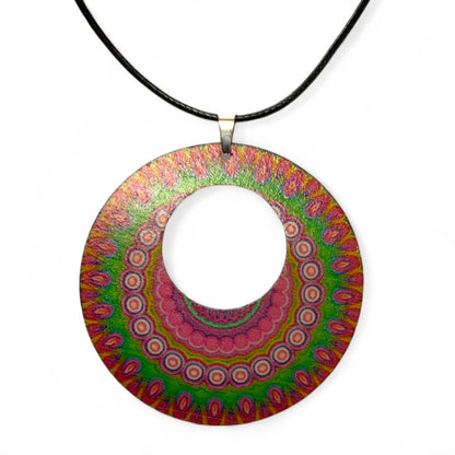 Boho Wooden Pendant Necklace – Printed Design with Black Nylon Chain Style 17