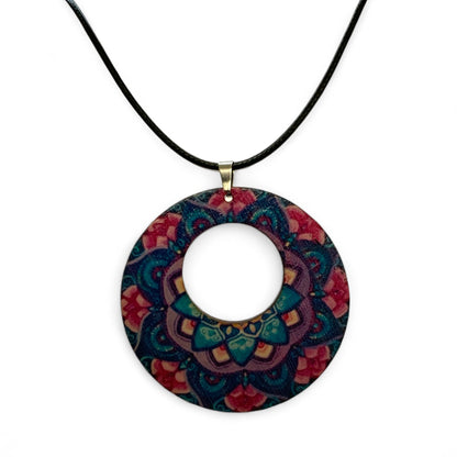 Boho Wooden Pendant Necklace – Printed Design with Black Nylon Chain Style 15