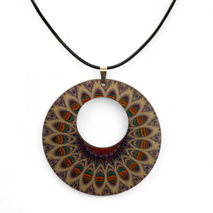 Boho Wooden Pendant Necklace – Printed Design with Black Nylon Chain Style 1
