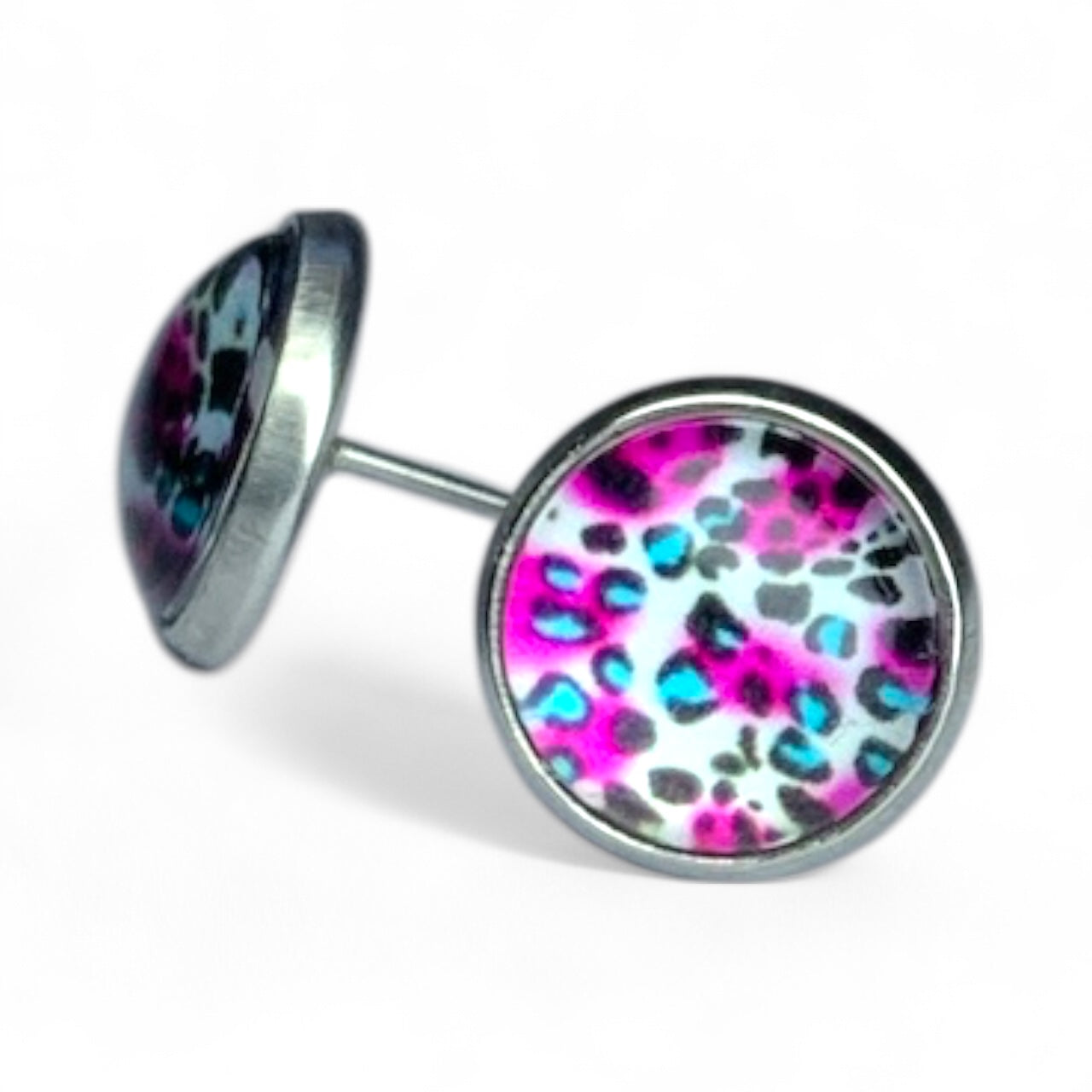 Wild Animal Print Round Dome Stainless Steel Stud Earrings Blue & Pink Print