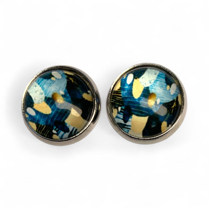 Geometric Glass Cabochon Stud Earrings 12mm | Colourful Artwork Design Silver Plated