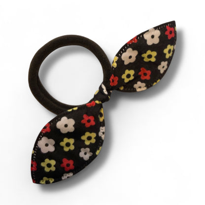 Fabric Bow Hair Ties – 2 Pack Printed Bows on Soft Elastic Bands Black Flowers