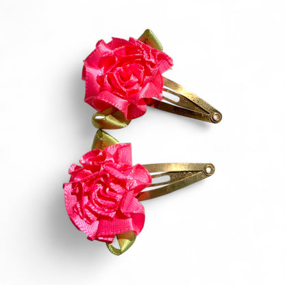 Flower Hair Clips Set of 2 | 25mm Ribbon Rose on Gold or Silver Snap Clips Gold Pink