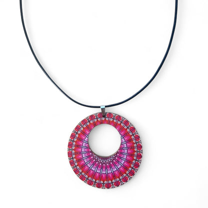 Boho Wooden Pendant Necklace – Printed Design with Black Nylon Chain