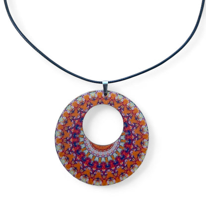 Boho Wooden Pendant Necklace – Printed Design with Black Nylon Chain