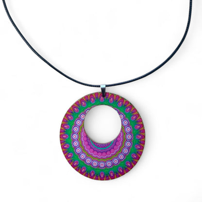 Boho Wooden Pendant Necklace – Printed Design with Black Nylon Chain
