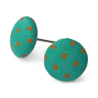 Polka Dot Fabric Button Stud Earrings 12mm Stainless Steel Handmade Colourful Jewellery Turquoise Orange