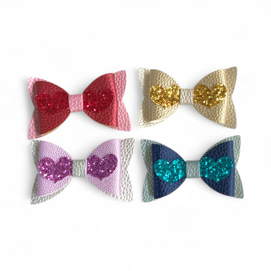 Love Heart Hair Bow PU Leather | 80mm Pebble & Glitter Design