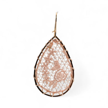 Pink Lace Woven Flower Gold Teardrop Earrings