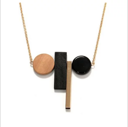 Geometric Wooden and Neutrals Black and Gold Necklace