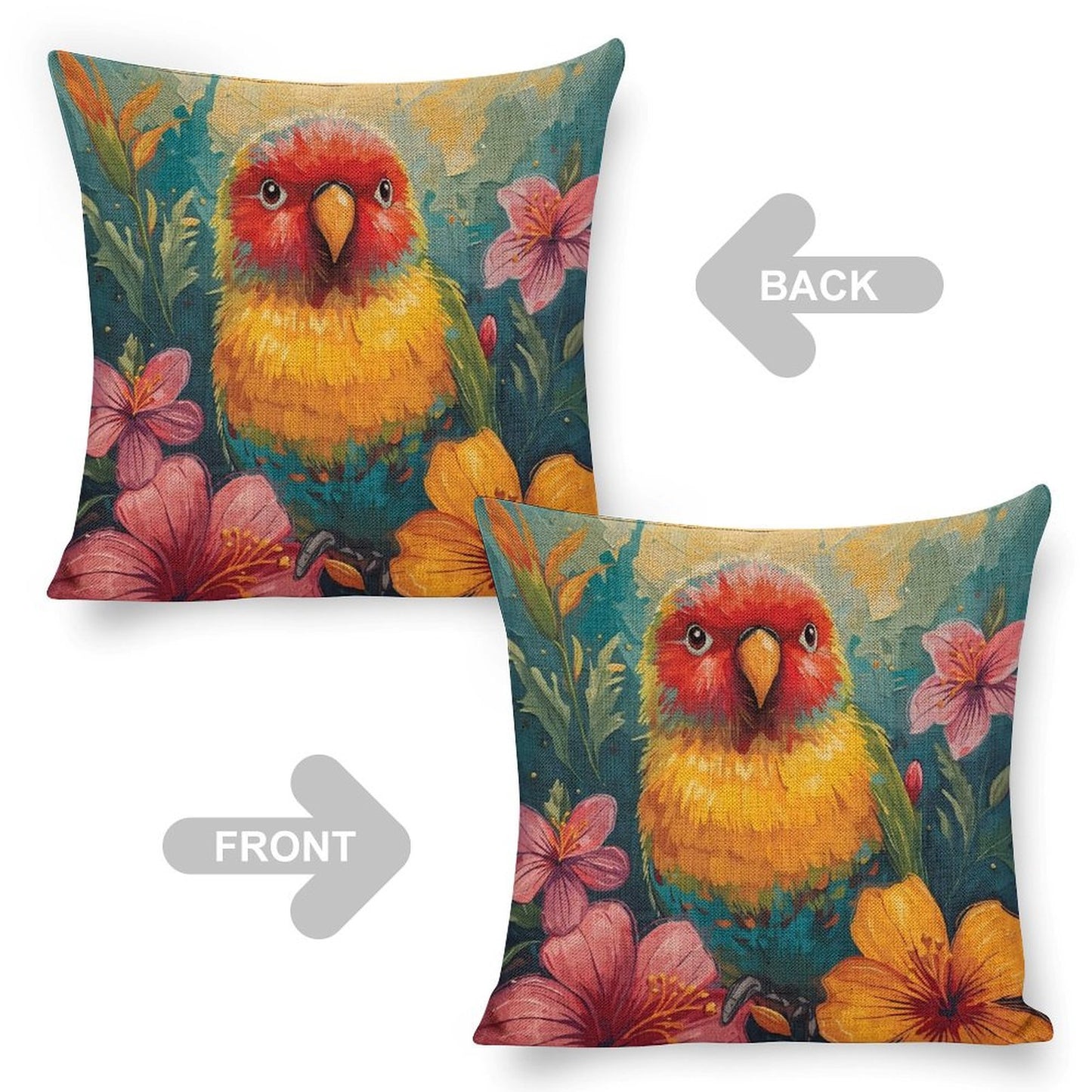 Tropical Lovebird Linen Cushion Pillow Cover — Double-Sided Print, 45×45cm