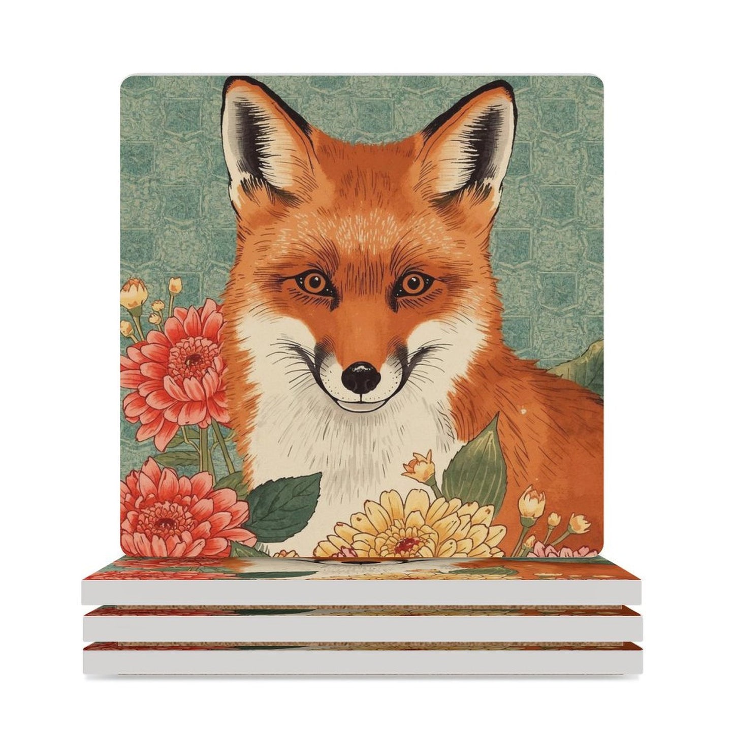 Floral Fox Japanese Ukiyo-e Inspired Ceramic Coasters (Set of 4 or 6)