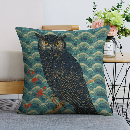 Majestic Owl Linen Cushion Pillow Cover — Double-Sided Print, 45×45cm