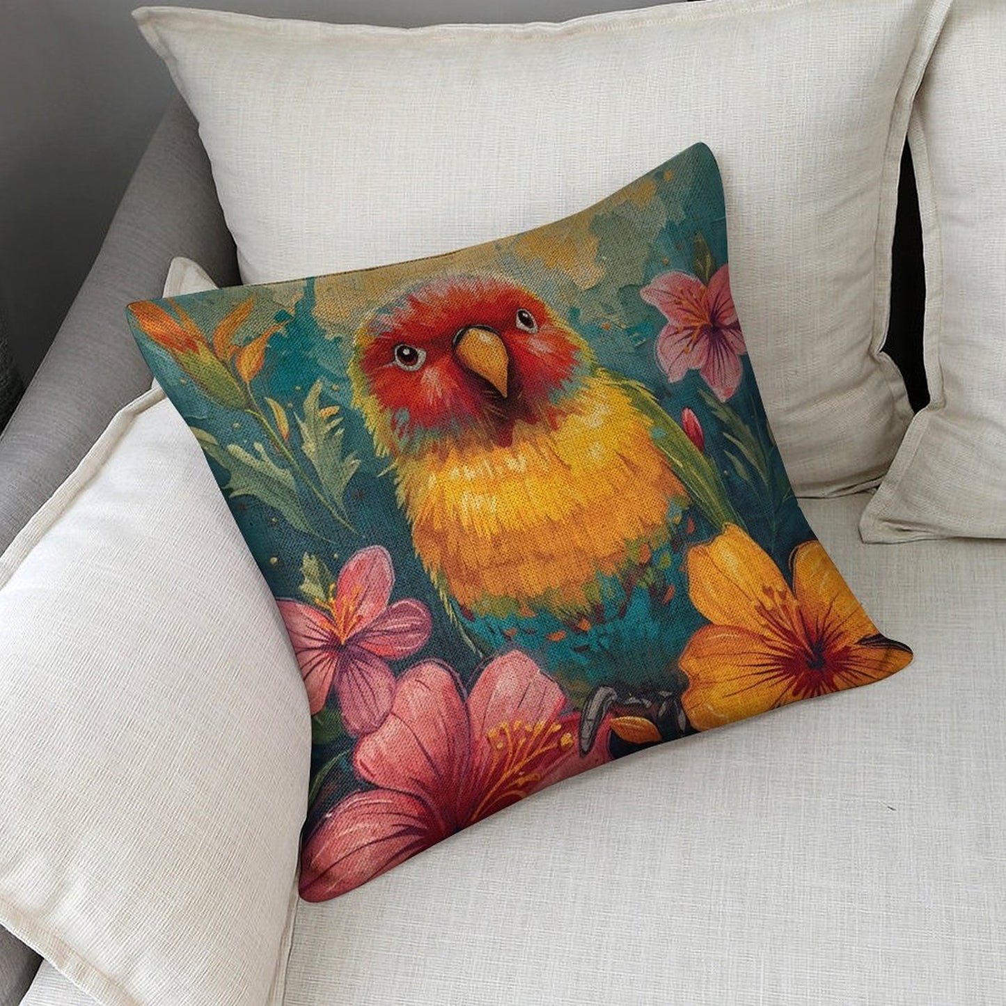 Tropical Lovebird Linen Cushion Pillow Cover — Double-Sided Print, 45×45cm