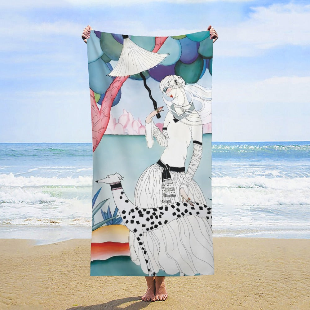Gentle Companionship – Premium Beach Towel | Vintage Lady & Dog Art | 160×80 cm