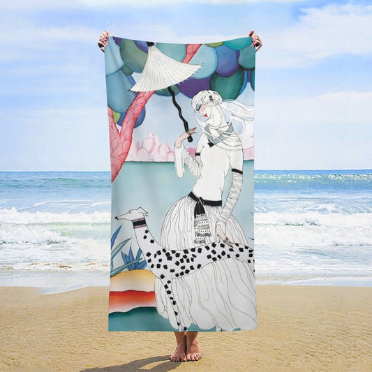 Gentle Companionship – Premium Beach Towel | Vintage Lady & Dog Art | 160×80 cm