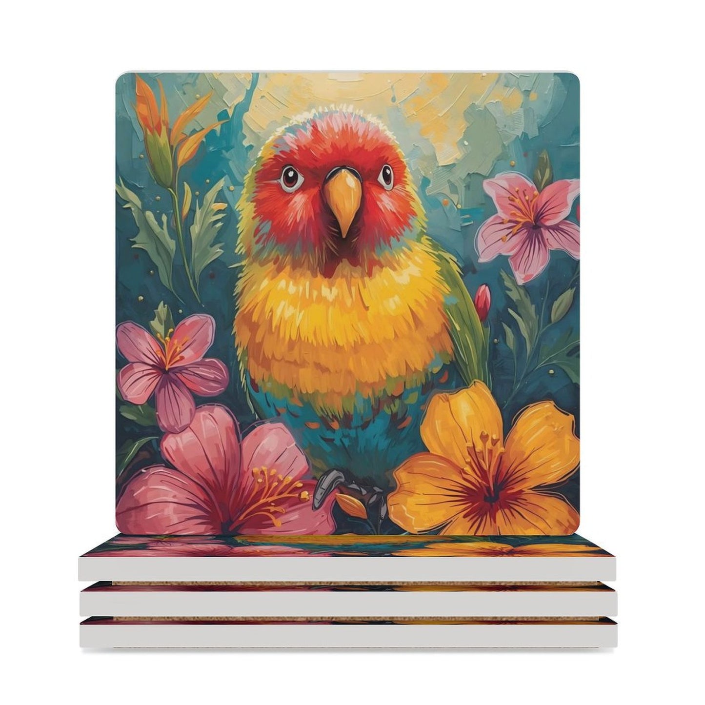 Tropical Lovebird Ceramic Coasters (Set of 4 or 6) white