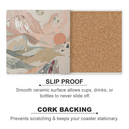 Celestial Dusk Abstract Pastel Landscape Ceramic Coasters (Set of 4 or 6)