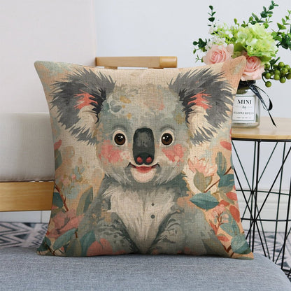 Koala in Bloom Linen Cushion Pillow Cover — Double-Sided Print, 45×45cm