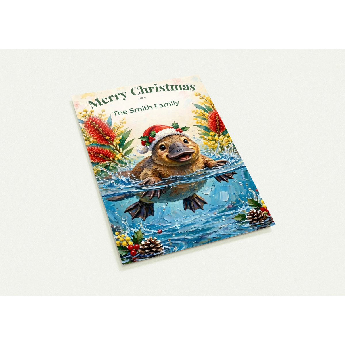 Personalised Christmas Postcards Pack of 10 with Envelopes, Custom Name Platypus Christmas Postcard, Australian Animals Xmas